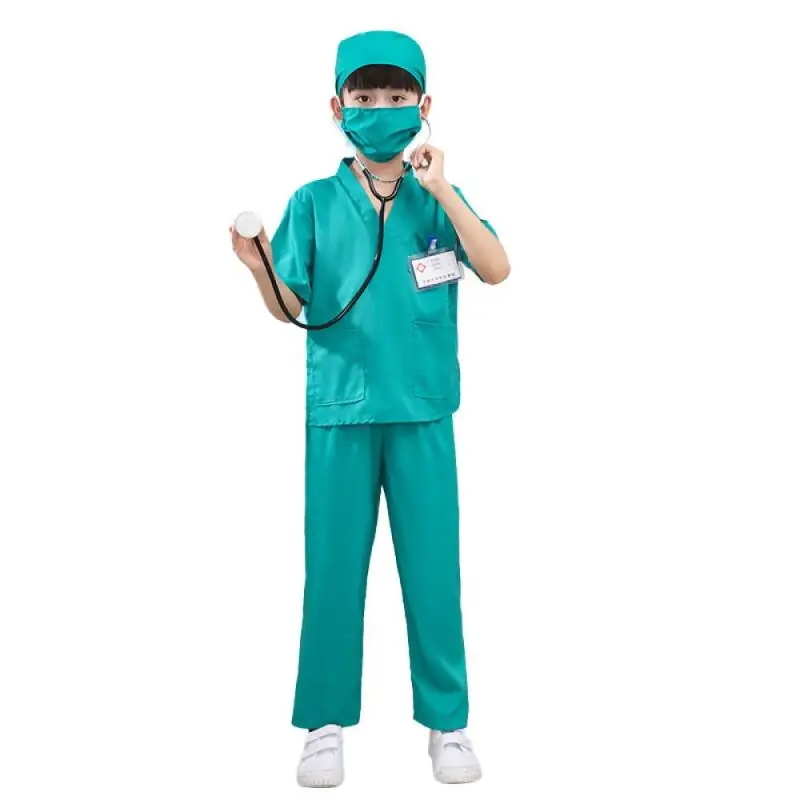 Kids Doctor Scrubs Costume Set for Boys Girls Surgeon Nurse Cosplay Outfits with Stethoscope Cap Mask ID Card Halloween Clothing - view 2