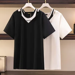 Camiseta holgada de manga corta para mujer, 150Kg, busto falso, color blanco y negro, 5XL, 6XL, 7XL, 8XL, 9XL, verano, 152