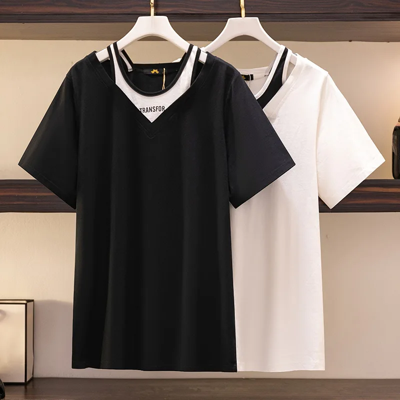 150Kg Plus Size Women's Bust 152 Summer Loose Fake Two-Piece Short-Sleeve T-Shirt Black White 5XL 6XL 7XL 8XL 9XL