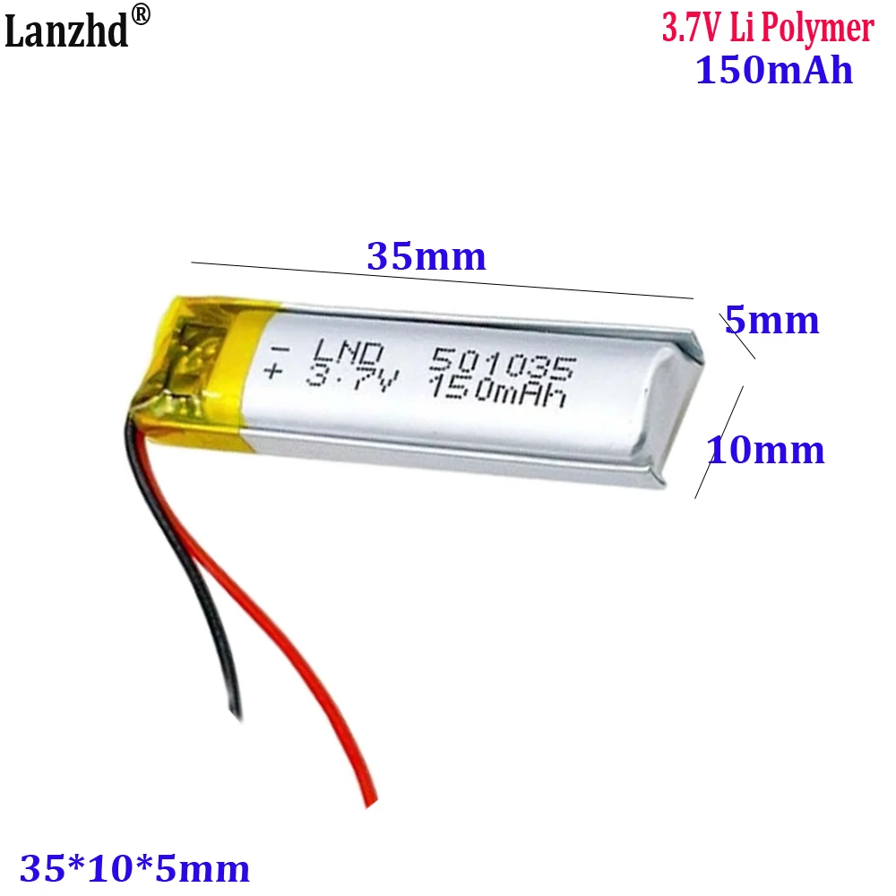 3.7V Rechargeable Battery 501035 150mAh for Bluetooth Headphones, Voice Recorder Hearing Aid Mini Wearable Device