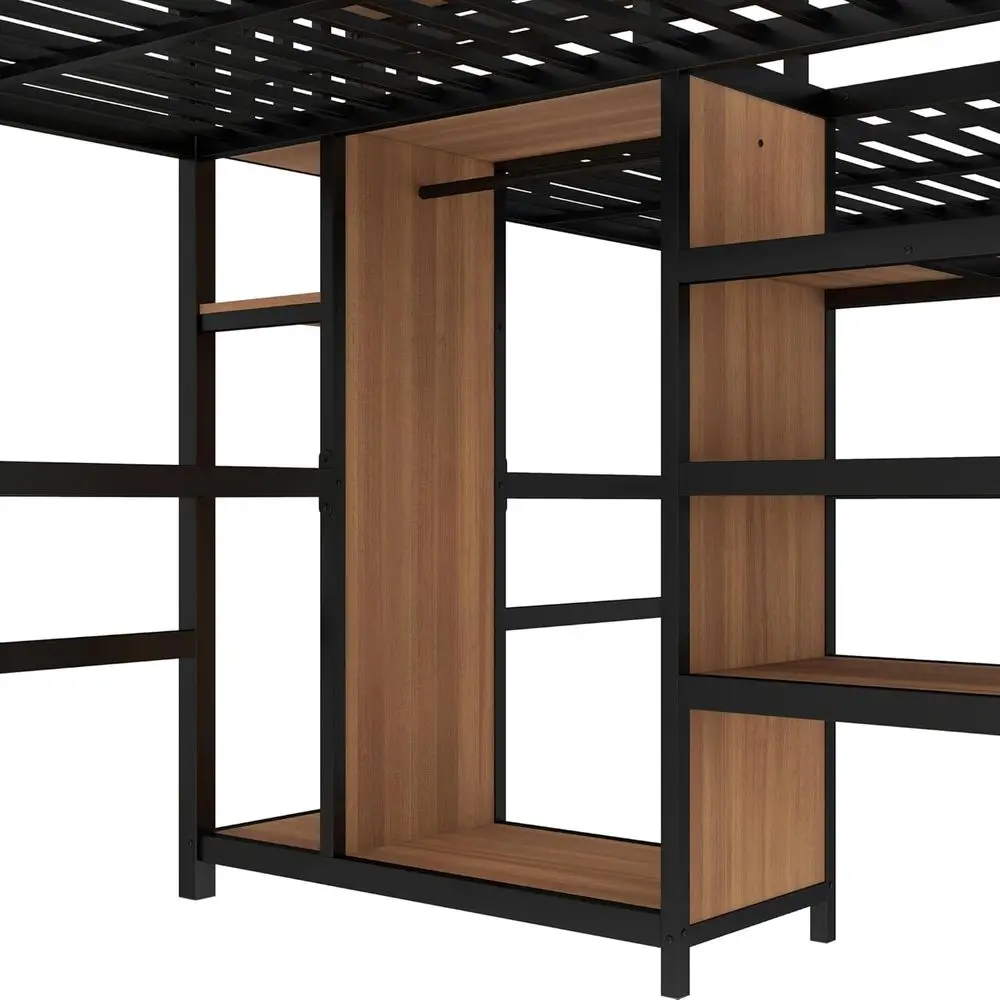 Twin Over Twin Metal Bunk Bed with Desk, Wardrobe, Storage, Charging Station, Noise Reduction, Easy Assembly, Black & Natural Wo view 6
