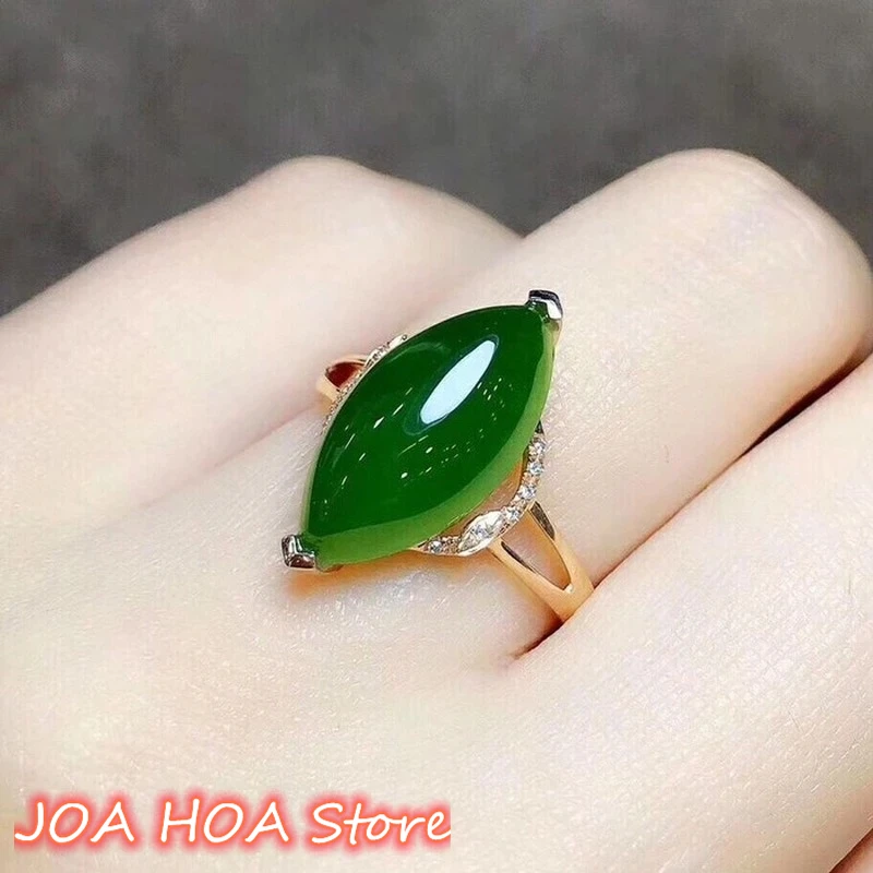 Natural Green Jade Pulp Hand Carved Water Drop Fashion Boutique Jewelry Women's 925 Silver Inlaid Ring