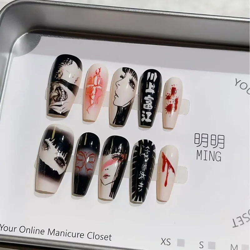 

24pcs Halloween Horror Comic Tomie Press on Nail Almond Black Japanese Anime Artificial Fake Nails Seamless Removable False Nail