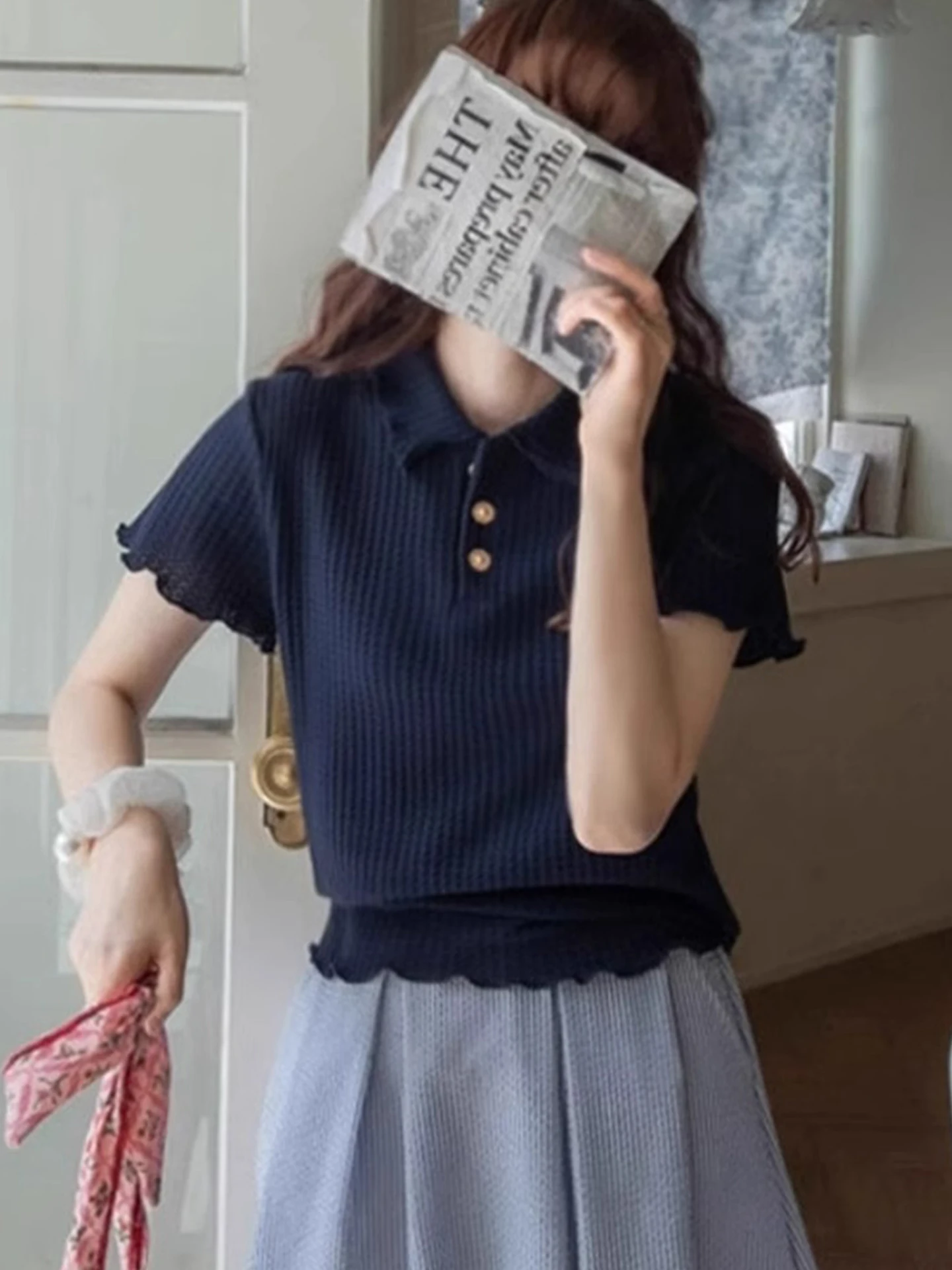 

Summer Ice Silk Knitted ort Sve Overhead Pure Color Base irt Casual Ele New Sle Anti-Aging Knitwear Top