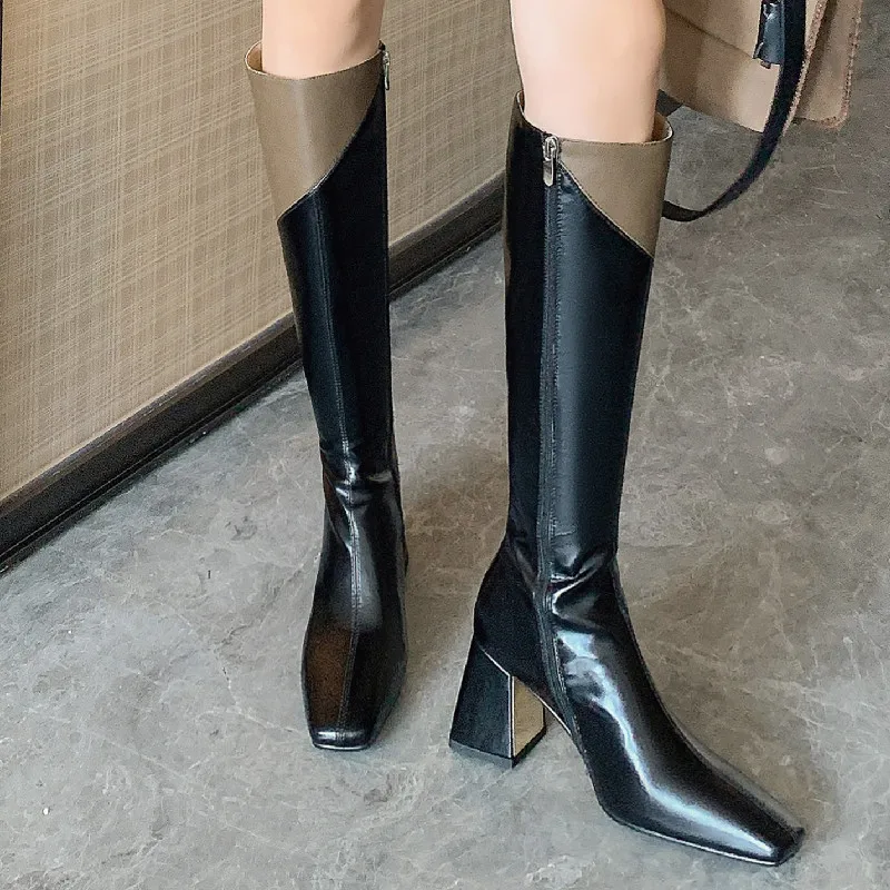 FEDONAS Autumn Winter New Arrival Women Knee High Boots Fashion Mixed Colors Genuine Leather Thick Heels Square Toe Shoes Woman