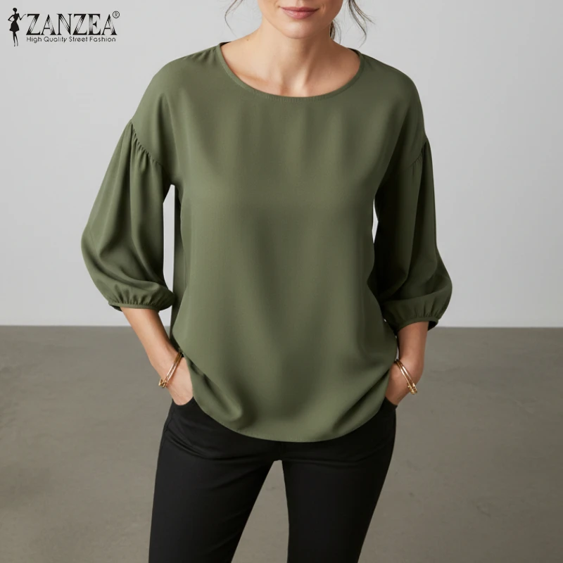 

ZANZEA Plus Size 5XL Casual Blouses Woman Lantern Sleeves Round Neck High-Low Tops Spring Minimalist Solid Color Blusas de Mujer