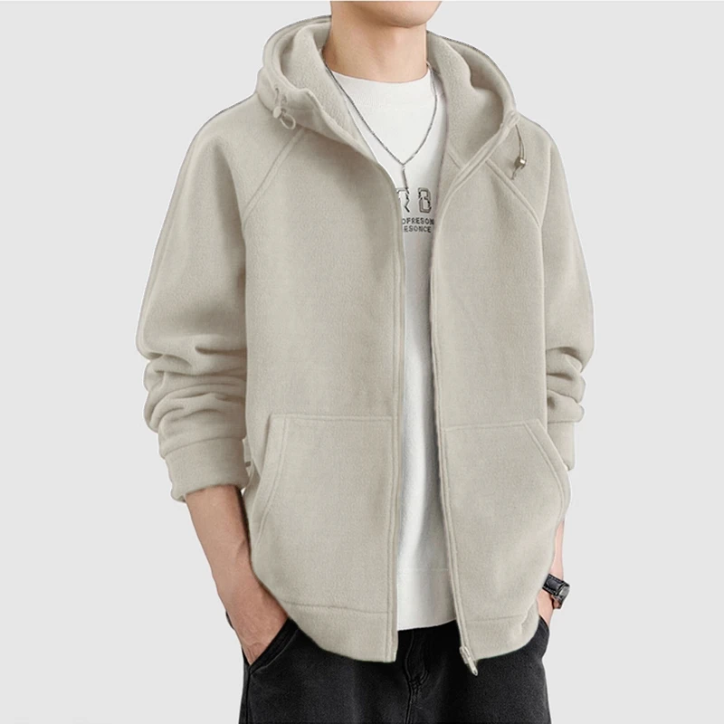 

Men's Fleece Zip Up Hooded Sweatshirt Thickened Lined Solid Color Korean Style Autumn Winter Spring Wear