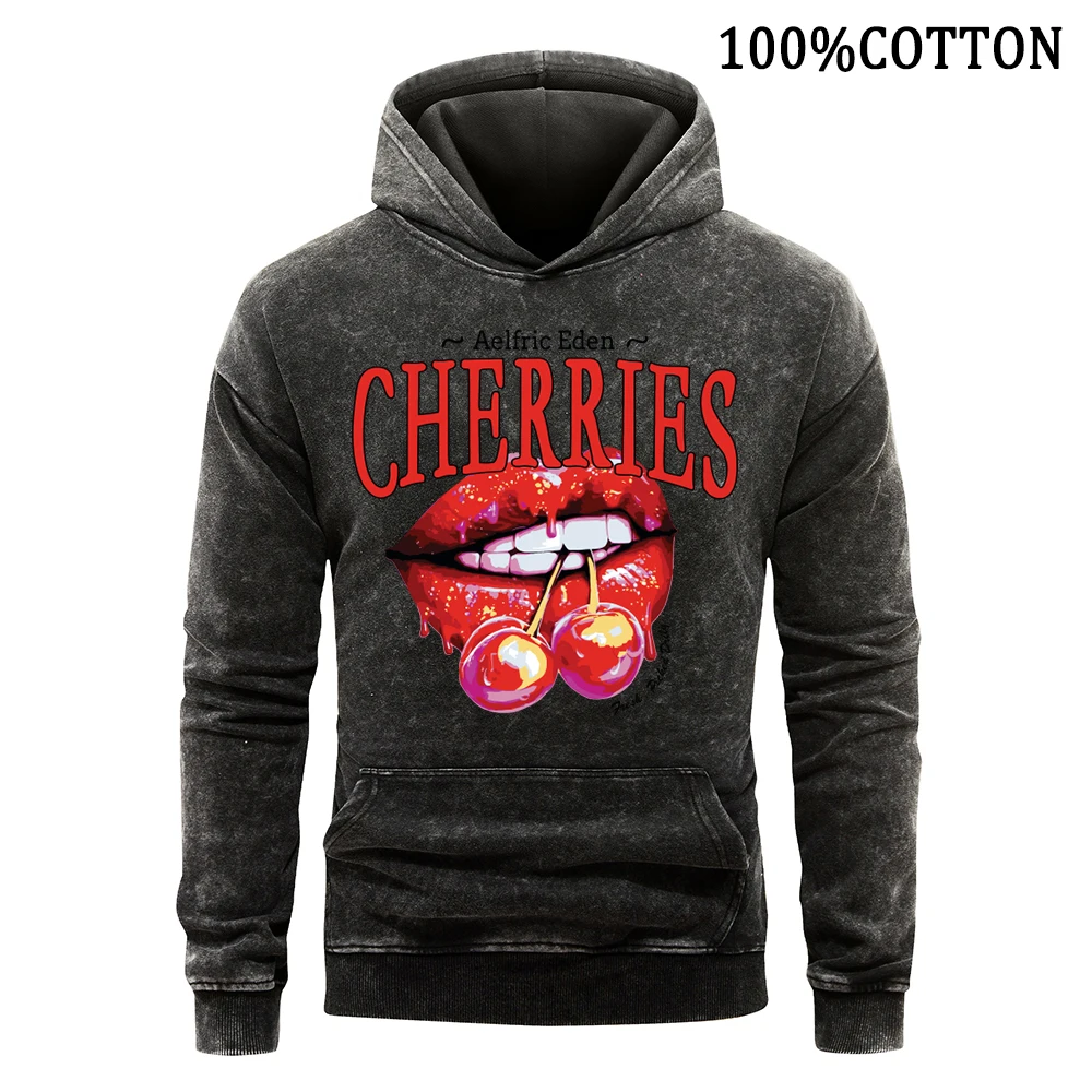 Aelfric Eden Red Lipped Cherry Men's Hoodies Retro Washed Hoodie 100% Cotton Hoody Autumn Soft Comfort Sports Shirt Fashion Tops