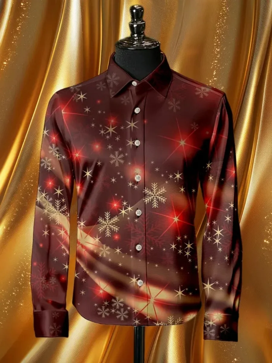 

New men's Christmas scene art print shirt, casual and fashionable, with a collar and buttons, long-sleeved party shirt, fast shi