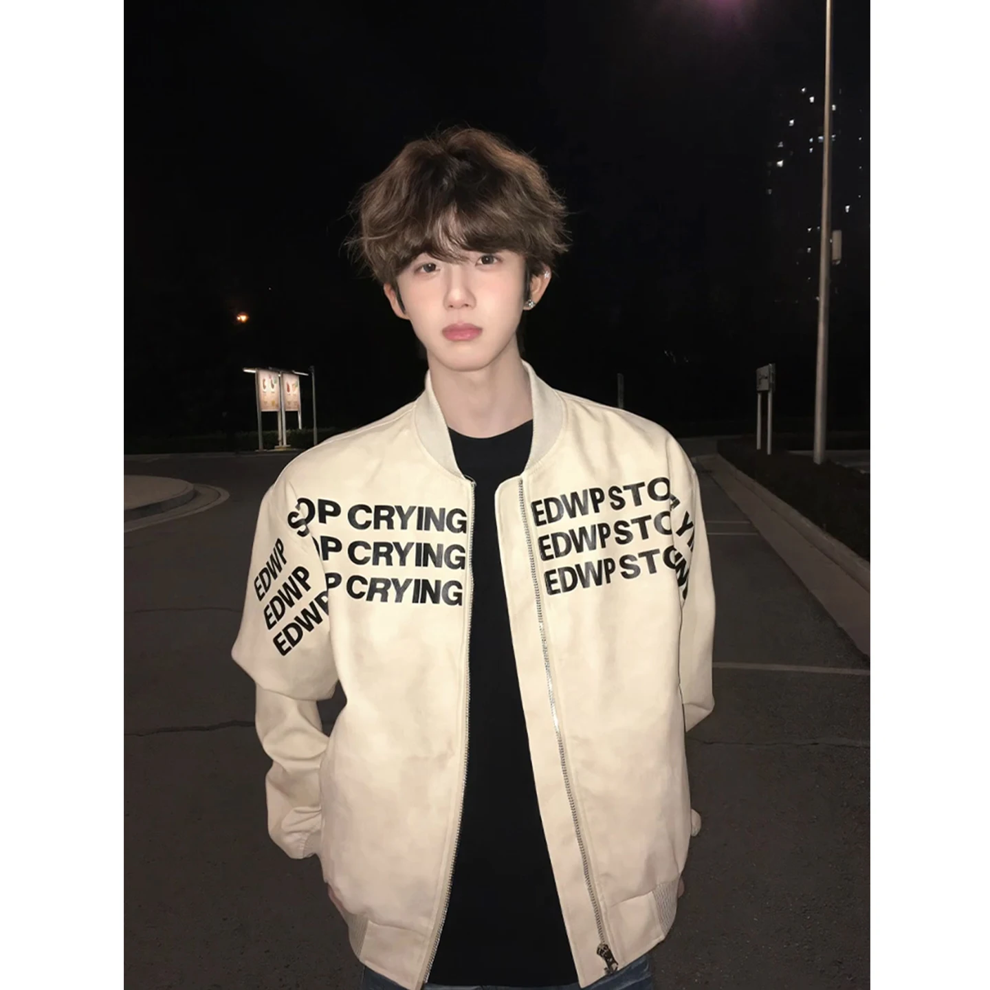 

American Letter Print Leather Jaet Men's High Street Hiphop Premium Feeling Flight Jaet Baseball orm Loose Fit Long S...