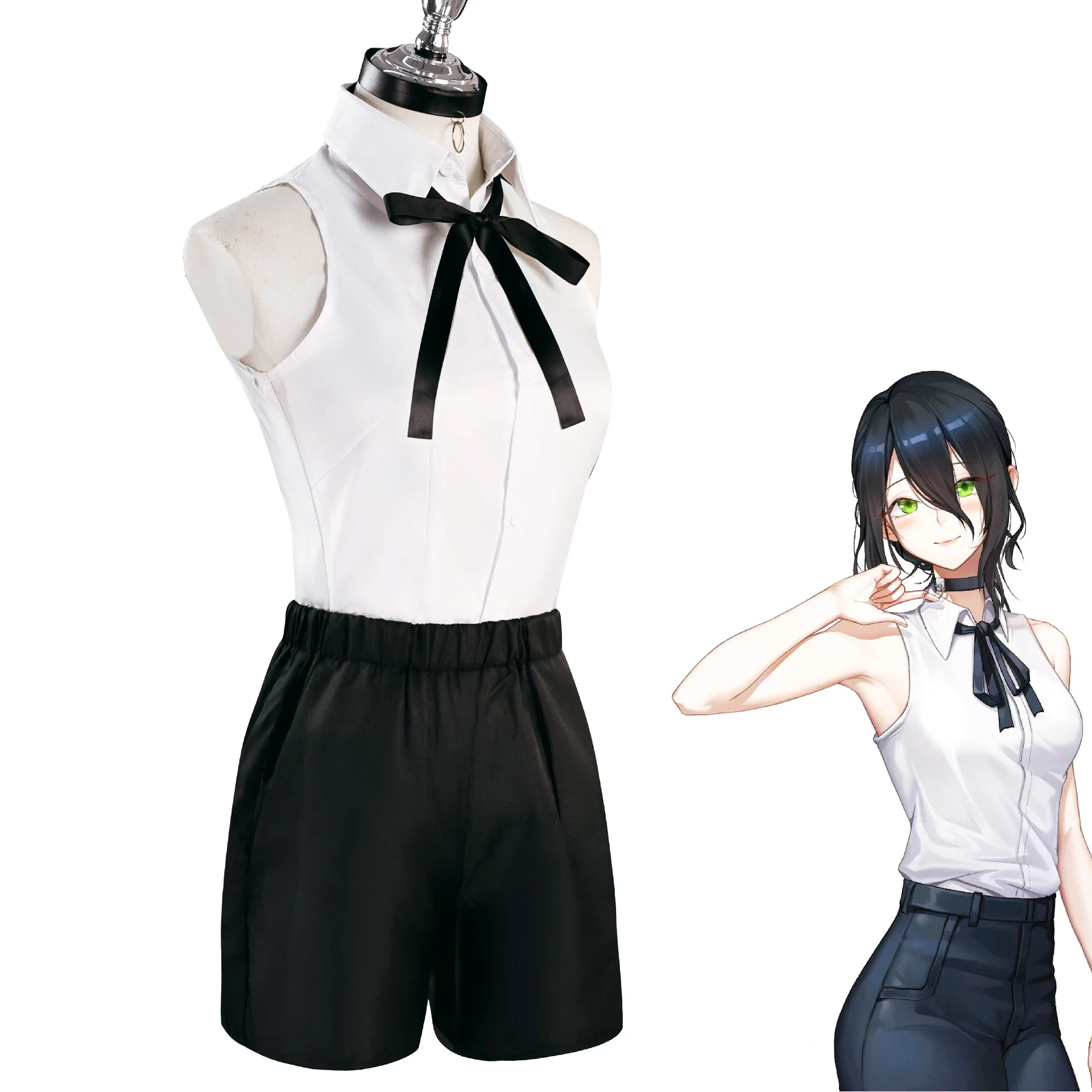 

Chainsaw Reze Cosplay Costume Set, White Sleeveless Shirt & Black Shorts with Wig for Chainsaw Themed Events Anime Conventions