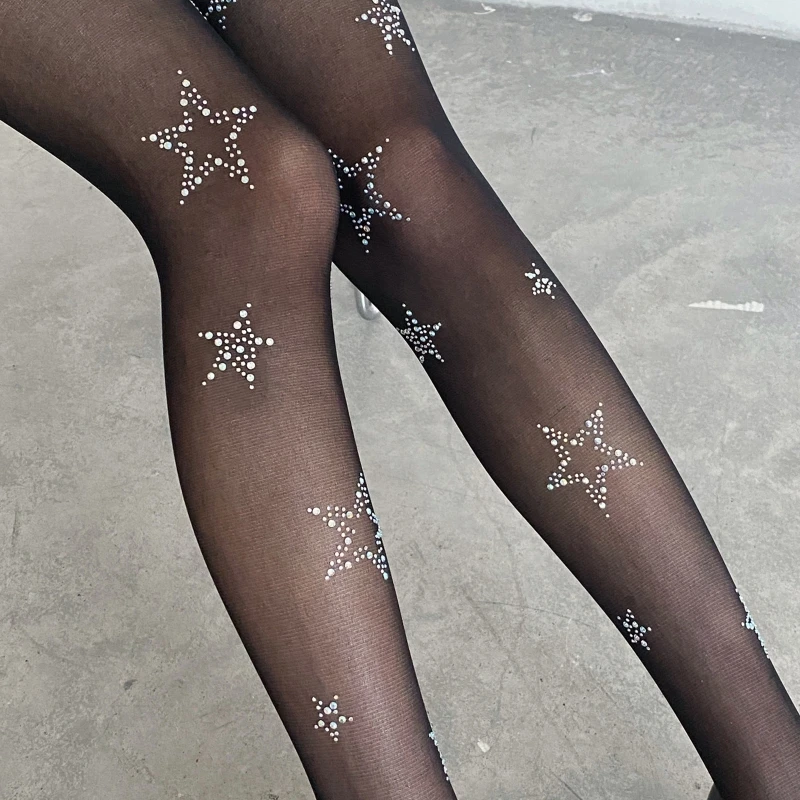 Women Punk Thin Transparent Pantyhose Harajuku Hot Drilling for Rhinestone Sheer Tights Sweet Silky Stockin