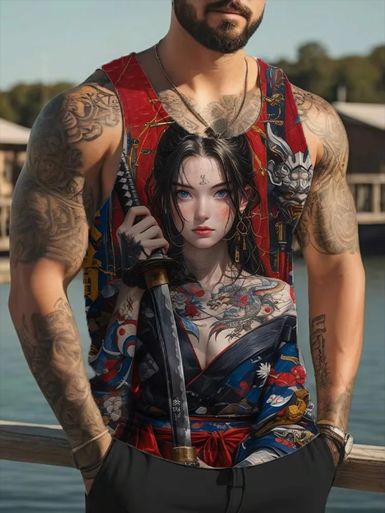 Men's Japanese Samurai Girl Tattoo Graphic Tank Top Red Dragon Print Sleeveless Casual Summer thin
