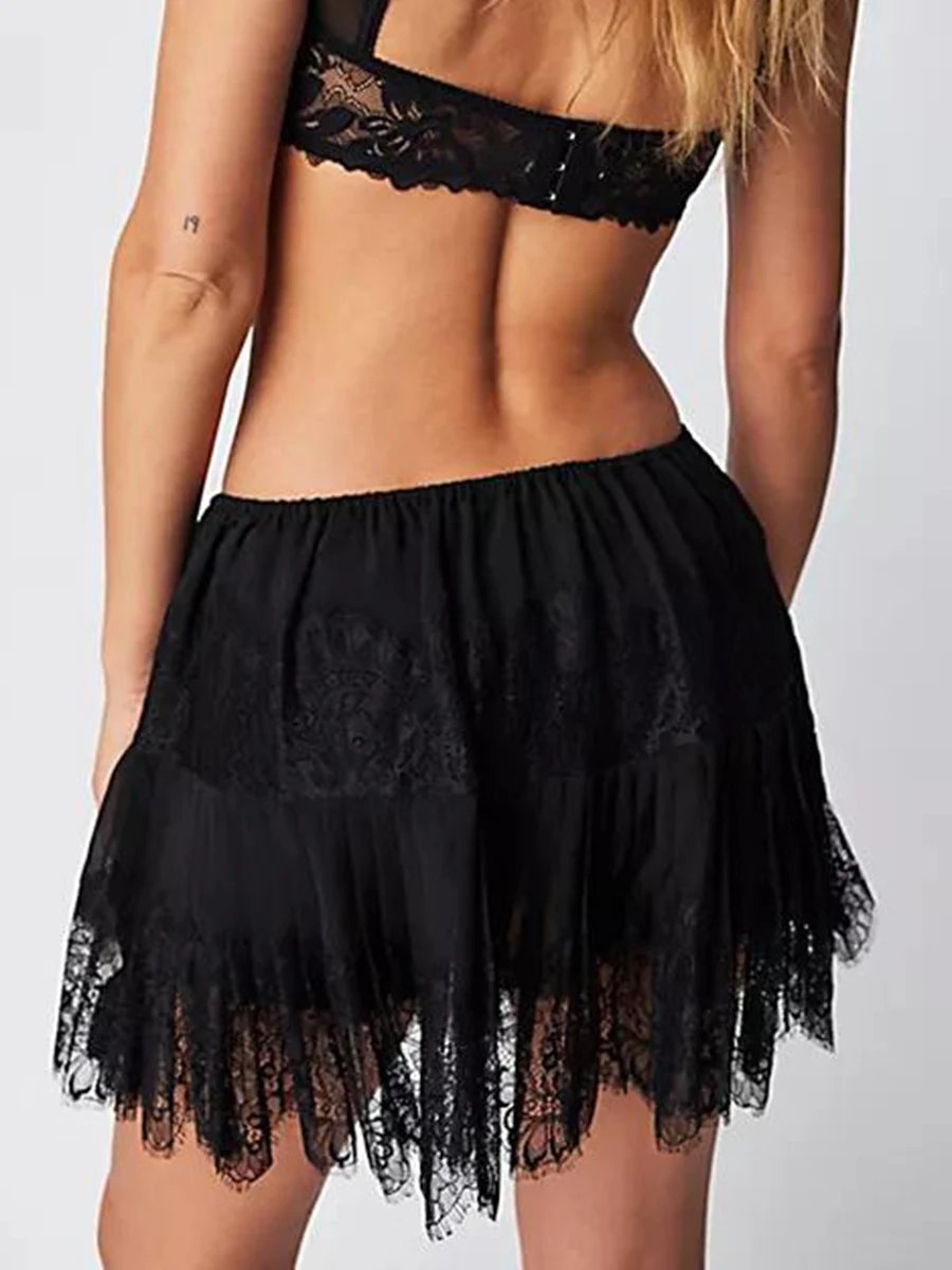 Women Tiered Lace Mini Skirt 2024 Summer Casual Elastic Waist Pleated Lace Trim Half Slips Short Skirts Underskirt