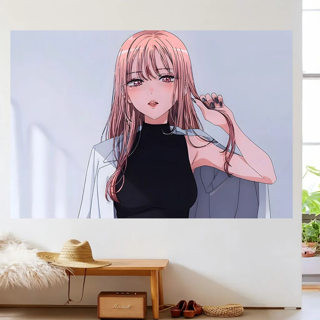 Korean Manhwa Style Anime Girl Tapestry, Fashion Cool Portrait Simple Background Wall Hanging Dorm Bedroom Wall Decor Blanket