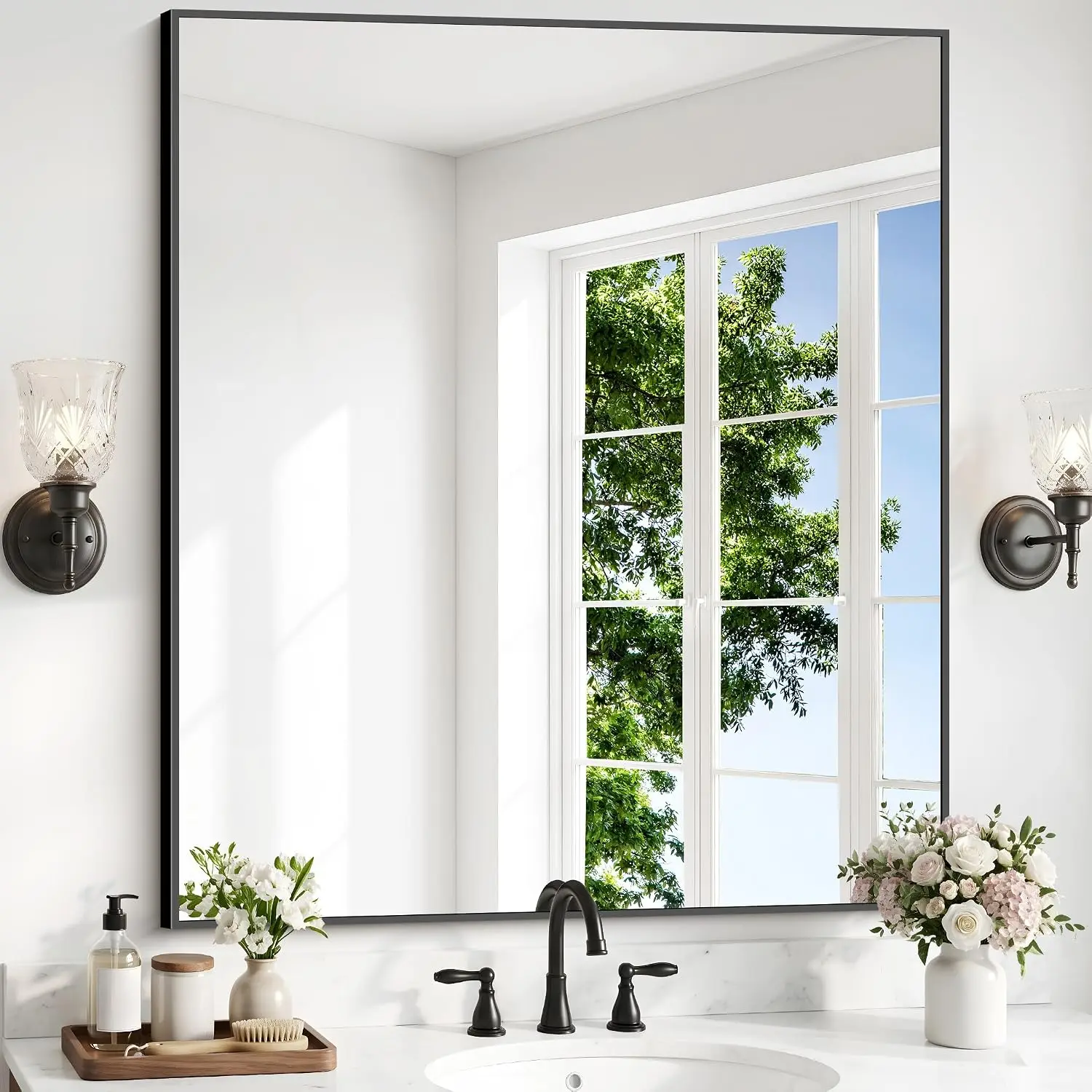 36x40 Inch Rectangle Wall Mirror Black Metal Frame Modern Vanity Decor Entryway Bathroom Living Room Hangs Horizontal Vertical