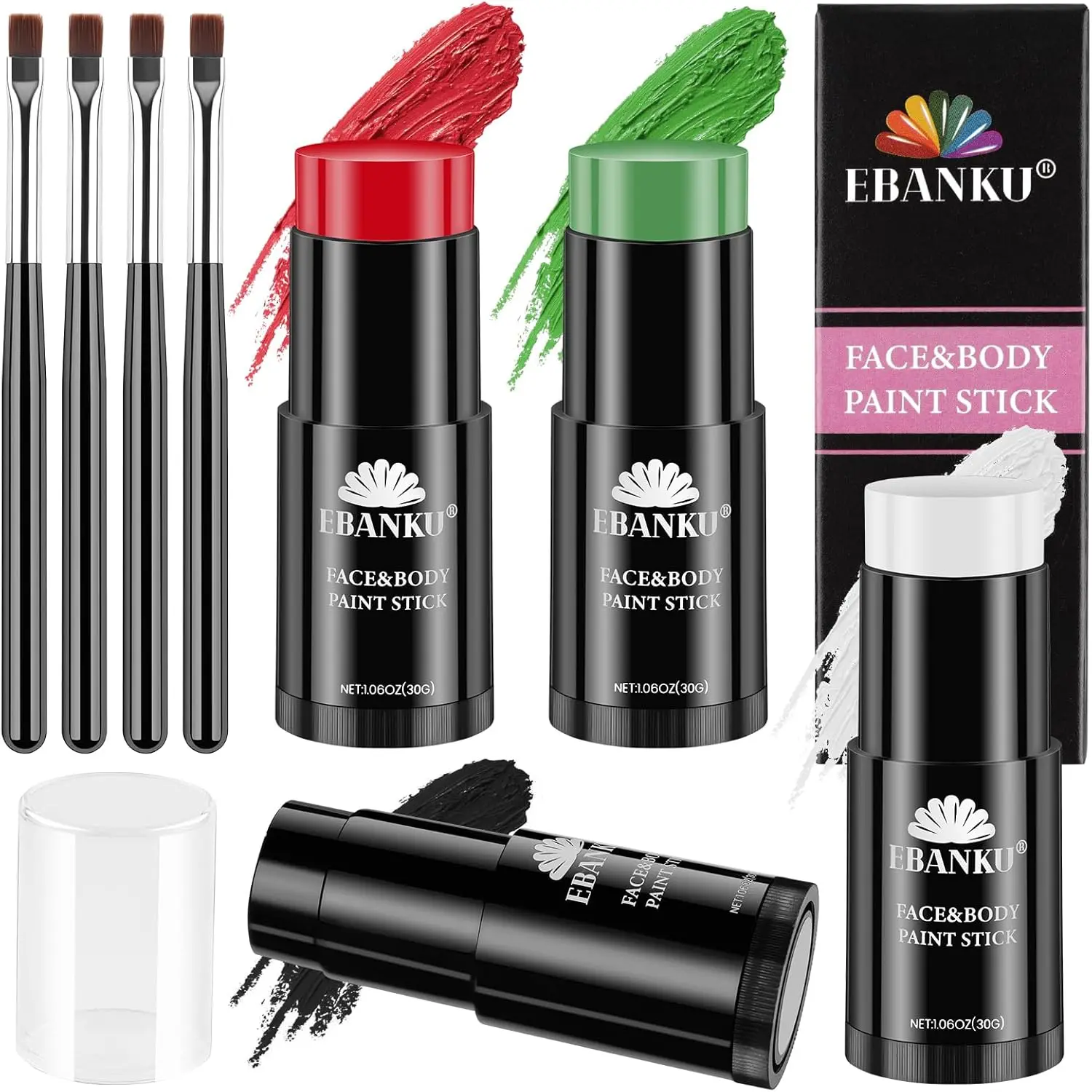 Halloween Face Painting Stick - Black + White + Red + Dark Green +4 Brush Face Body Painting Stick Oil Mime Basic Makeup