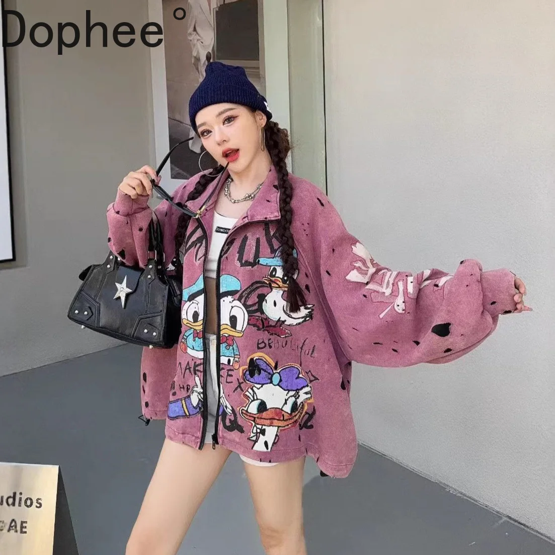 

Модная бейсбольная форма большого размера с цветными блоками, кардиганы на молнии с мультяшным принтом, пальто, уличная одежда, повседневная куртка с длинным рукавом и воротником-стойкой