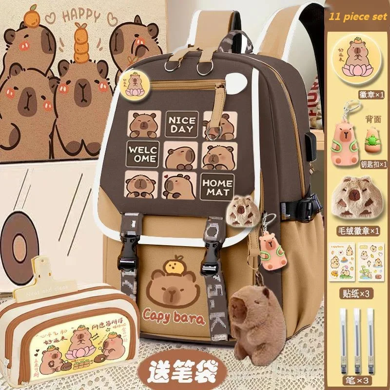 11 Piece Set Capybaras Kapibalas Backpack Hot Sale Large Capacity Kawaii Travel Cartoon Doll Student Bag Children Birthday Gift