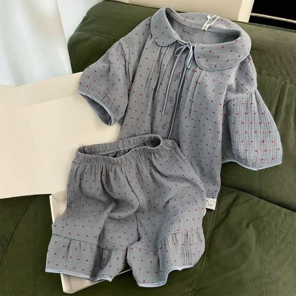 Fashion Dot Sweet Pajamas Set O Neck Lace Ruffle Short Sleeve Nightwear Loose Home Wear Suit 2 Pieces Sleepwear Indoor