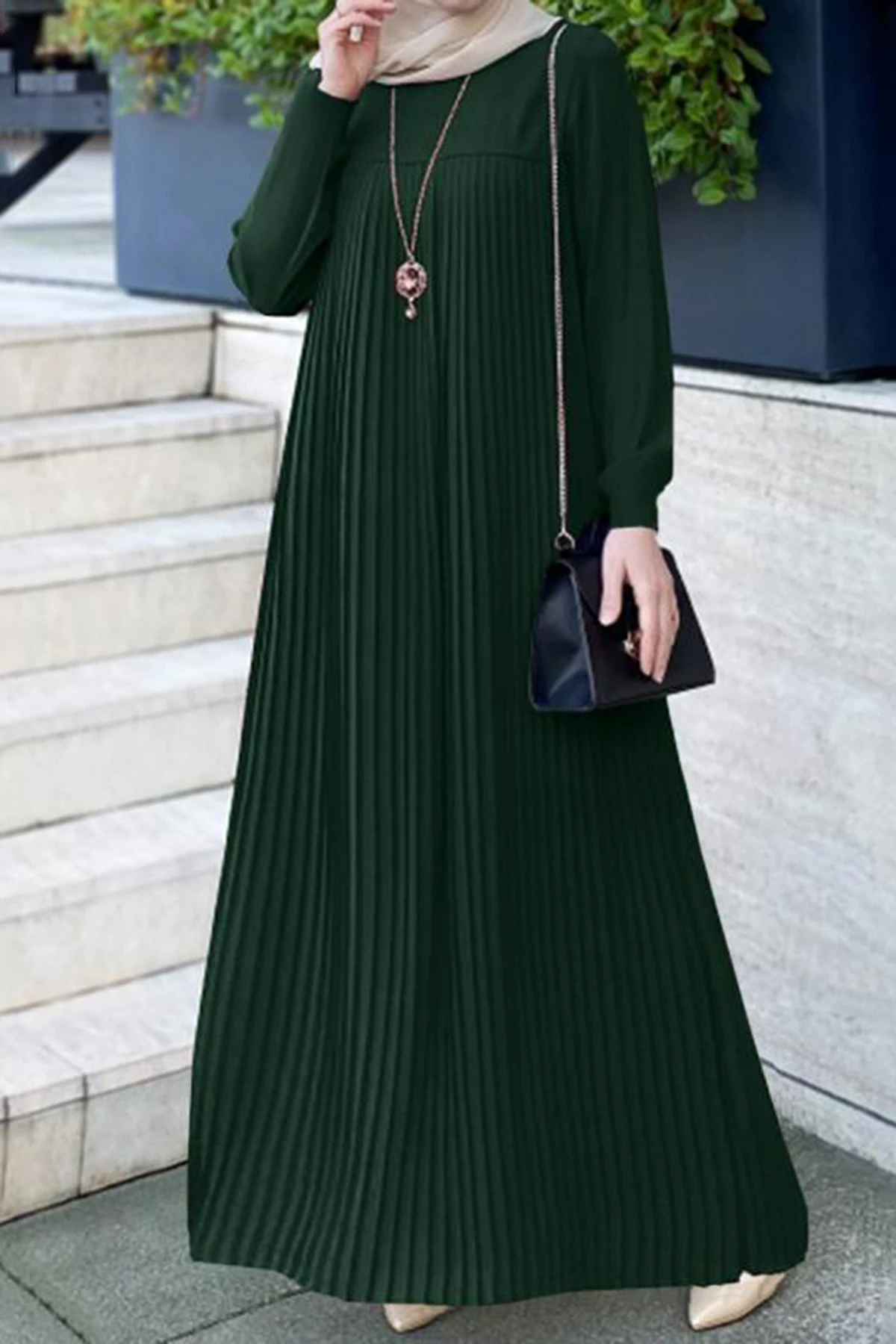 Vestido largo musulmán para mujer Abaya Vestido largo plisado liso con cuello redondo y manga larga