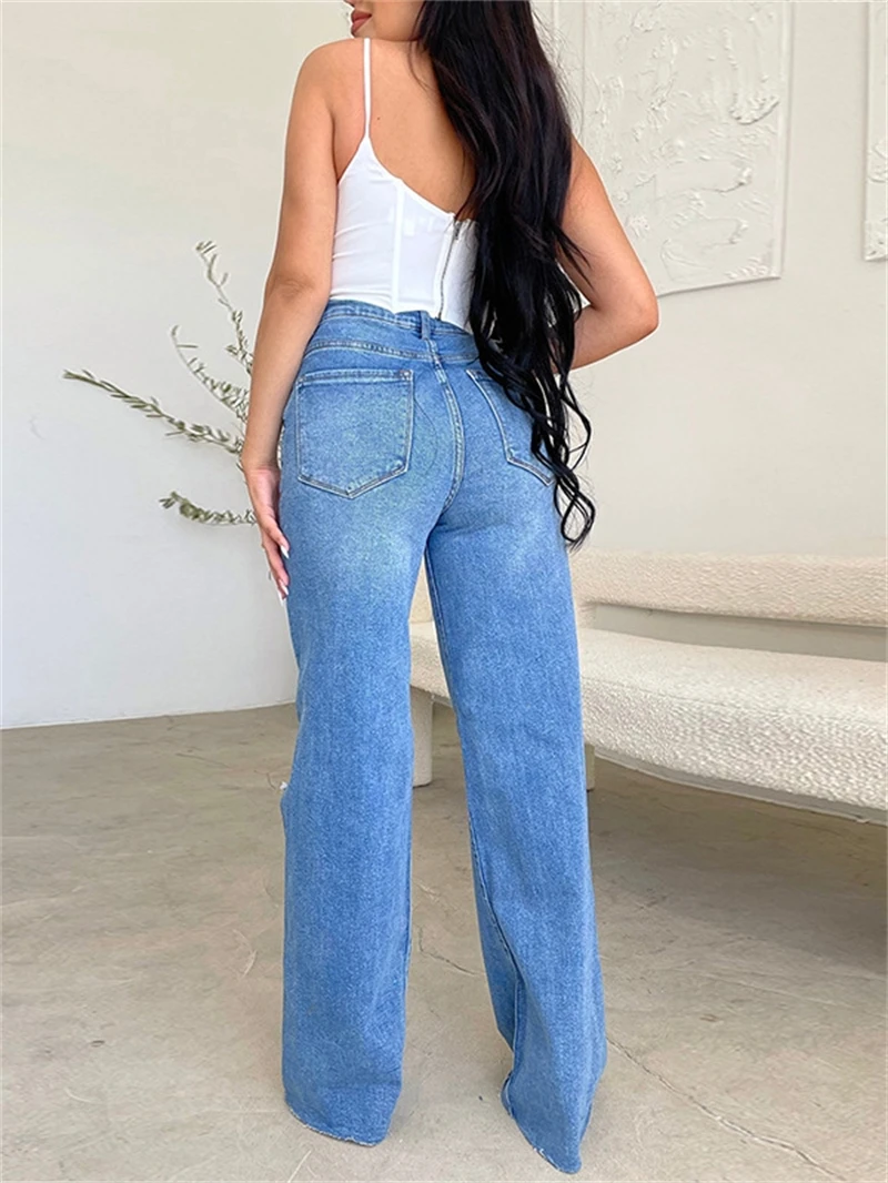 Streetwear zgrywanie spodnie dżinsowe letnia odzież damska wysokiej talii spodnie z prostymi nogawkami dżinsy Casual Dialy podstawowe złamane spodnie dżinsowe