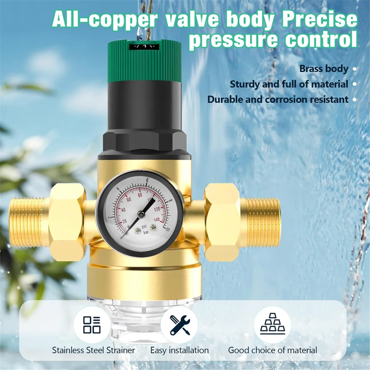 Pressure Regulator Water 3/4 Inch, Water Pressure Regulator with Water Pressure Gauge and Mesh Filter