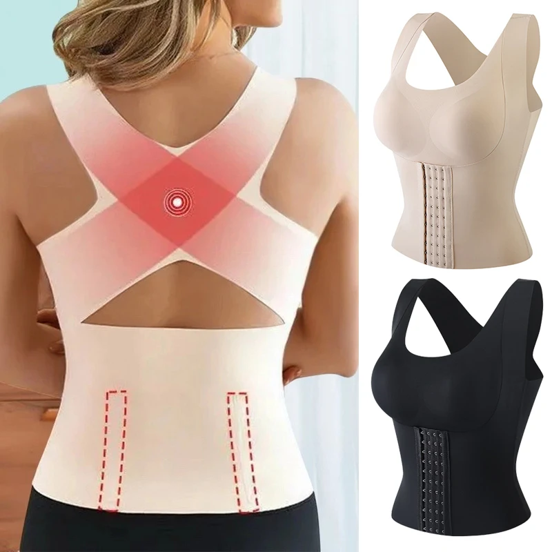 Women 3-in-1 Body Shapewear Posture Corrector Underwear Tummy Control Back Support Push Up Bra Shaper Vest Slim Tank Top Corset