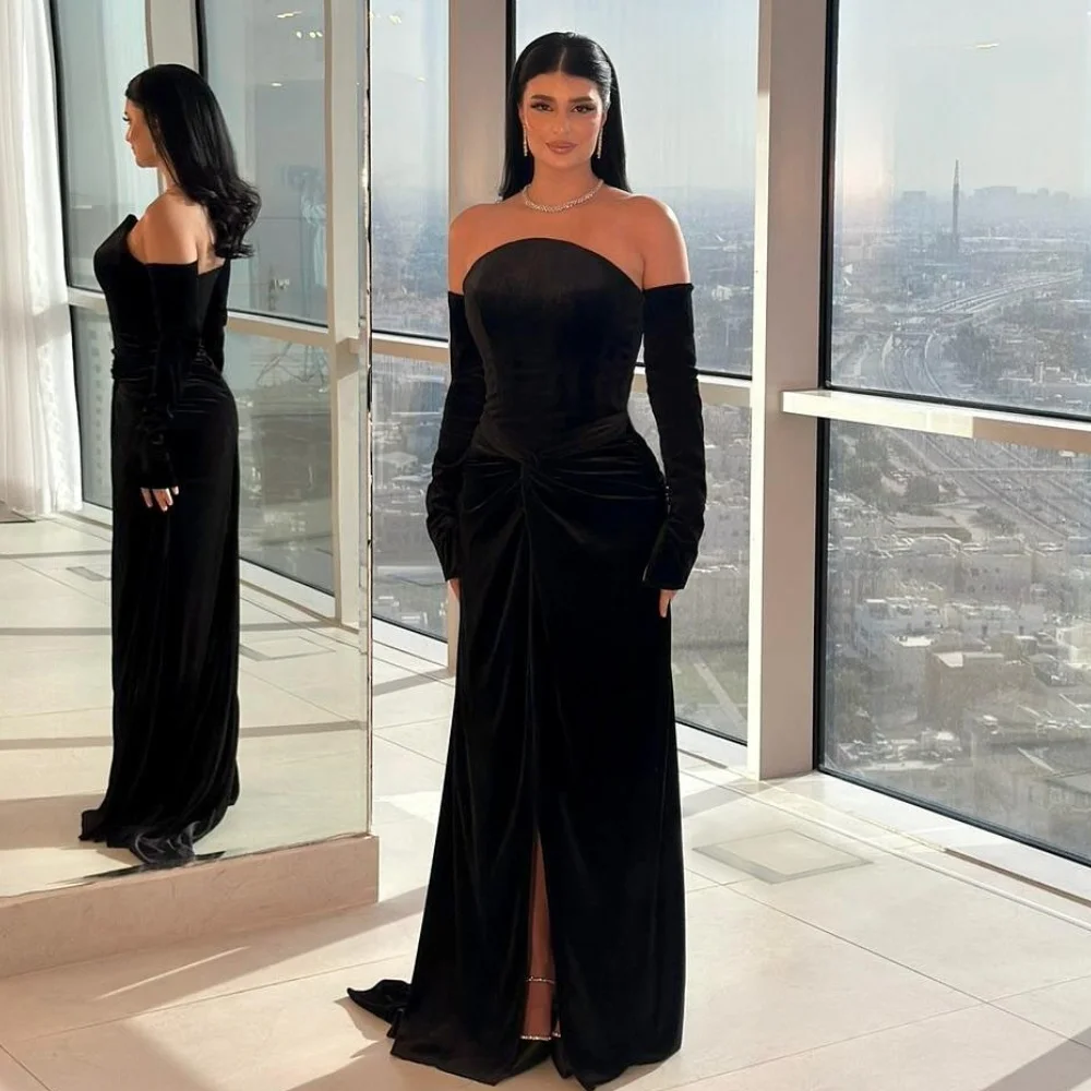 Customized Sizes Available Simple Velour Pleat Straight Strapless Long Dresses Bespoke Occasion Dresses Modern Style Exquisite