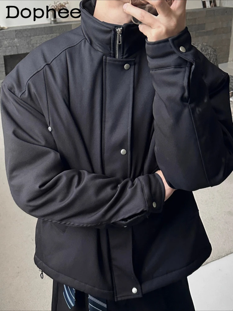 Men's Pleated Parkas Coats 2025 Autumn Winter New Warm Comfort Lapel Tops Handsome Long Sleeve Solid Color Simple Parkas Jackets