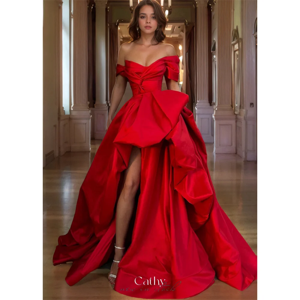 

Cathy Customized Red Off Shoulder Tiered Ruffle Prom Dresses A-Line Sleeveless vestidos de noiva Side High Split Formal Evening