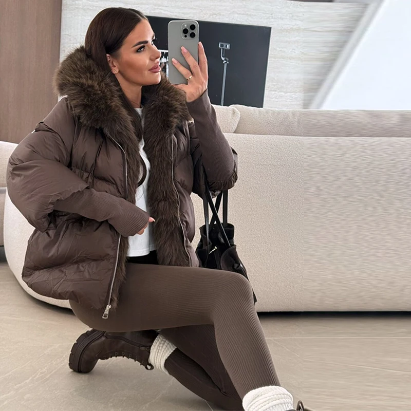 Women's Jackets Coat Hooded Fur Patchwork New Outwear Knitted Cuffs Zipper Female Fashion Elegant Solid Short Coat For Ladies