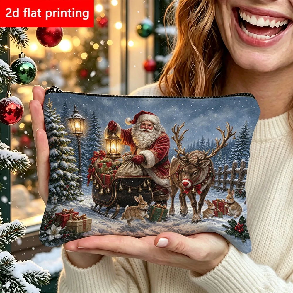 Christmas Santa Sleigh Reindeer Rabbit Xmas Gifts Print Corduroy Cosmetic Bag Women Portable Travel Zipper Makeup Storage Pouch