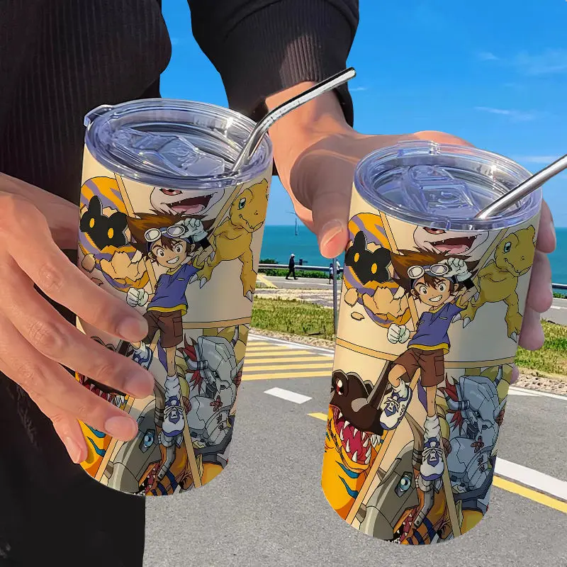 Digimon Adventure Animation Peripheral Cartoon Straw Stainless Steel Coffee Cup Portable Men and Women High-value Water Cup