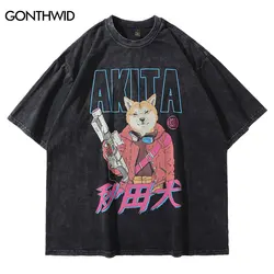 Oversize Distressed Tshirt Hip Hop Funny Cartoon Japanese Akita Dog Print Vintage Tee Shirts Streetwear 2024 Harajuku T-Shirt