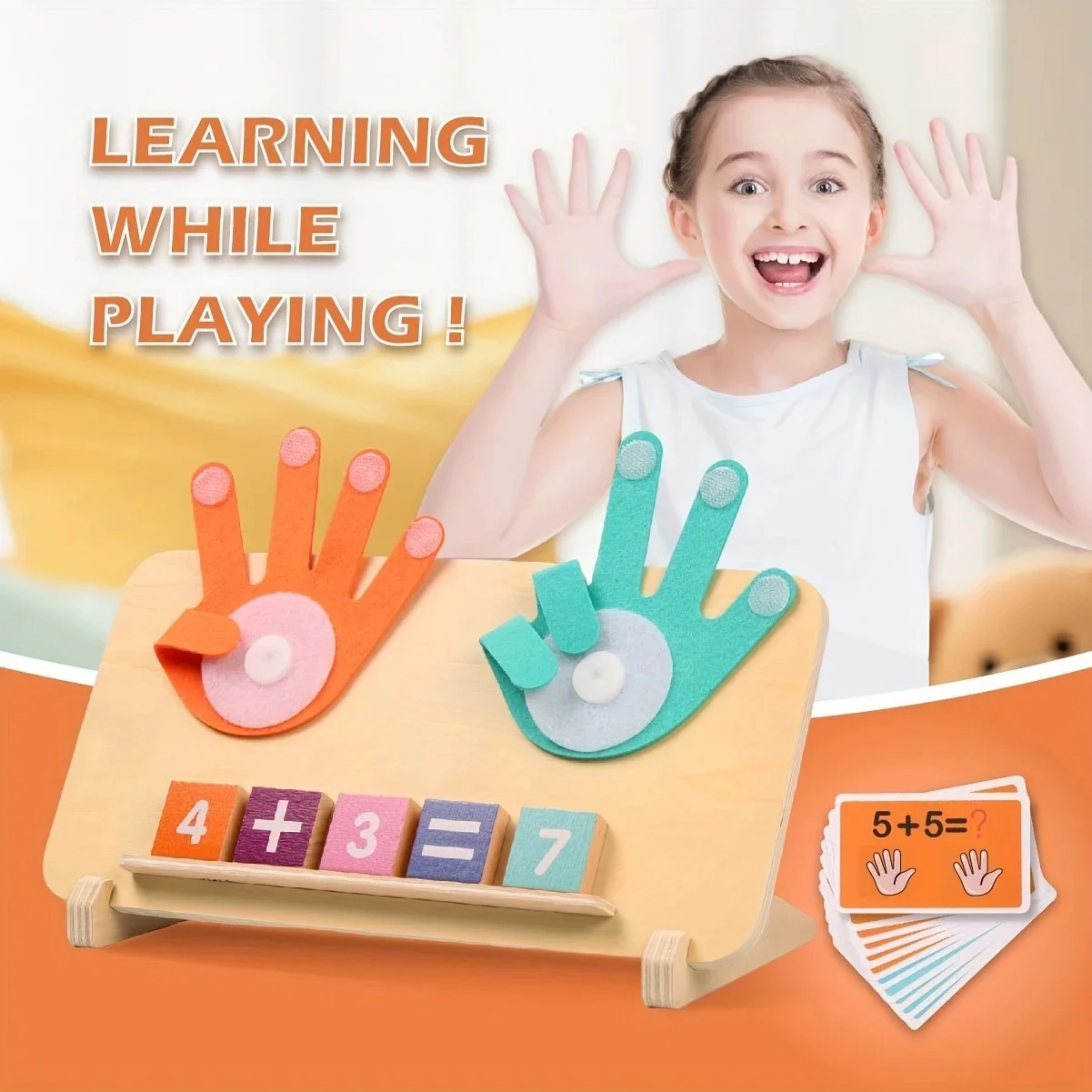 Wooden arithmetic learning board for 3+ kids. Comes with number blocks & math operation cards, an interactive tool for early add