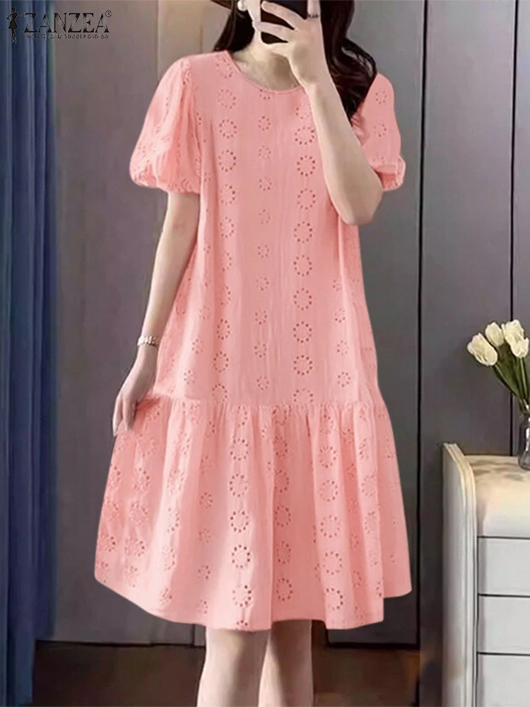 

ZANZEA Elegant Solid A-line Robe Casual Openwork Embroidery Women O-Neck Vestidos Short Puff Sleeve Ruffled Hem Midi Dresses