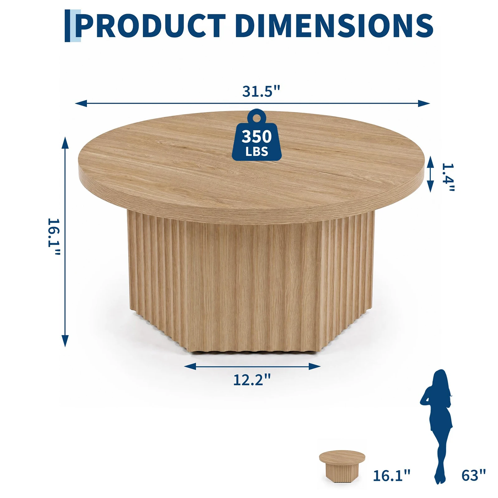 31.5 Inch Round Fluted Drum Coffee Table, Modern Wood Pedestal Table For Living Room, Apartment, Small Space, Farmhouse Boho