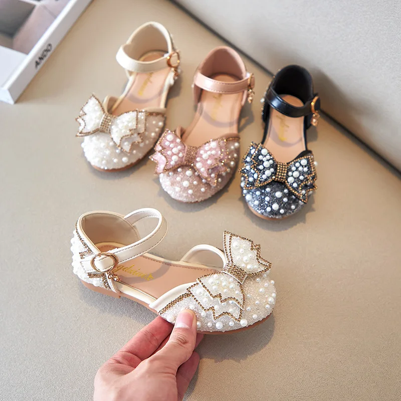 Summer Children Sandals Fashion Pearl Rhinestone Bow Girls Princess Shoes Baby Flats Kids Party Dance Student Performance Shoes