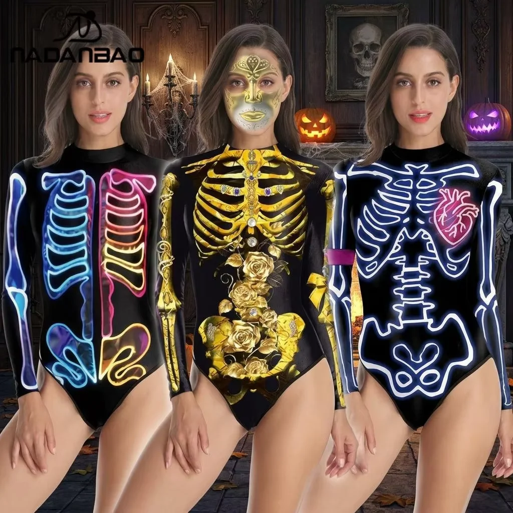 Nadanbao Women Halloween Skeleton Print Swimsuit Long Sleeve Zipper Bodysuit Sexy Slim Swimwear Holiday Party Casual Beachwear