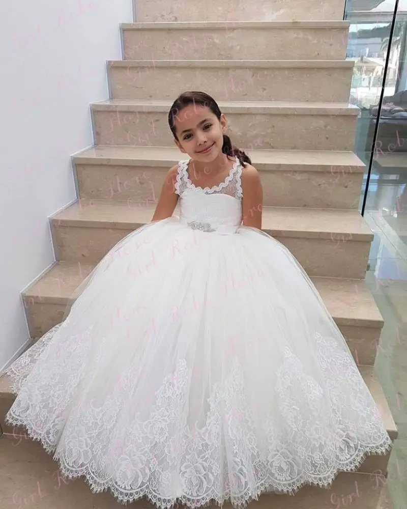 Customized White Flower Girl Dress Lace Puffy Tulle Floor Length Elegant Kids First Communion Banquet Bridesmaid Pageant Gown