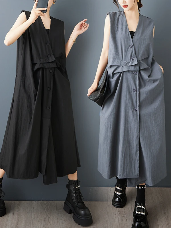 SuperAen Solid-color Asymmetrical Pleated Sleeveless Shirt Dress for Women Summer New Fashion and Casual Loose V-neck Dresses