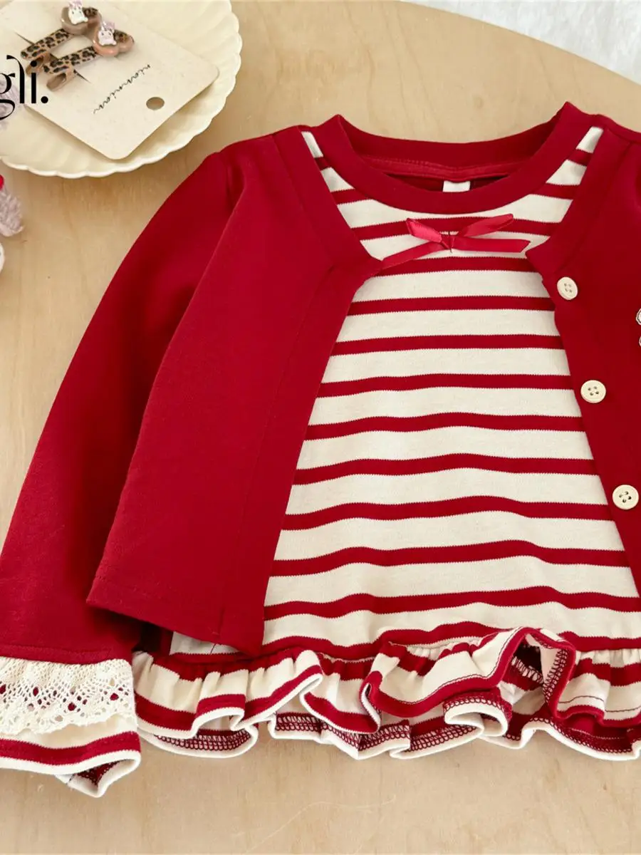 بلوزة بناتي بنمط مخطط للربيع والخريف، بلوزة قصيرة للأطفال، أكمام طويلة، ياقة عالية، مواد أخرى، جديد 100% لعام 2025