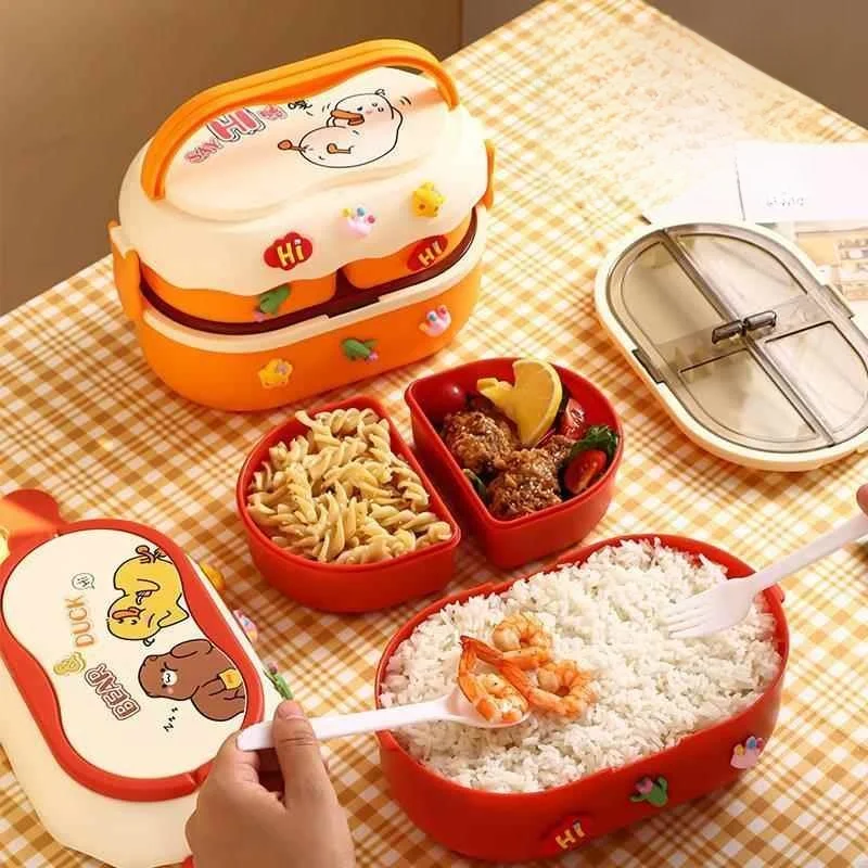 

Двухслойный детский ланч-бокс, изолированный, для микроволновой печи, милый дизайн, пластиковый материал, длительное сохранение тепла