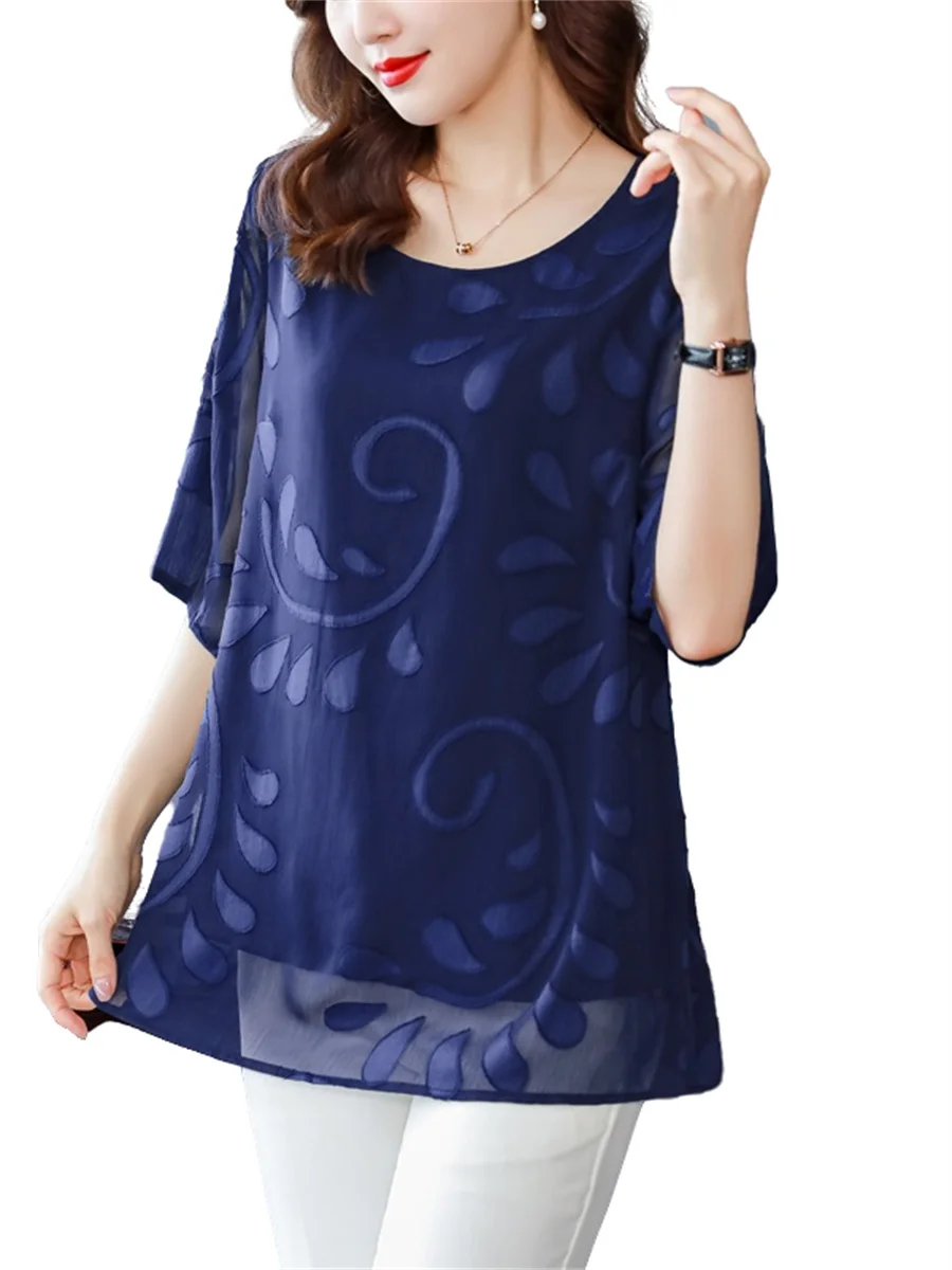 5XL Loose Women Spring Summer Shirts Lady Fashion Casual Half Sleeve O-Neck Collar Printing Floral Blusas Tops CT0662