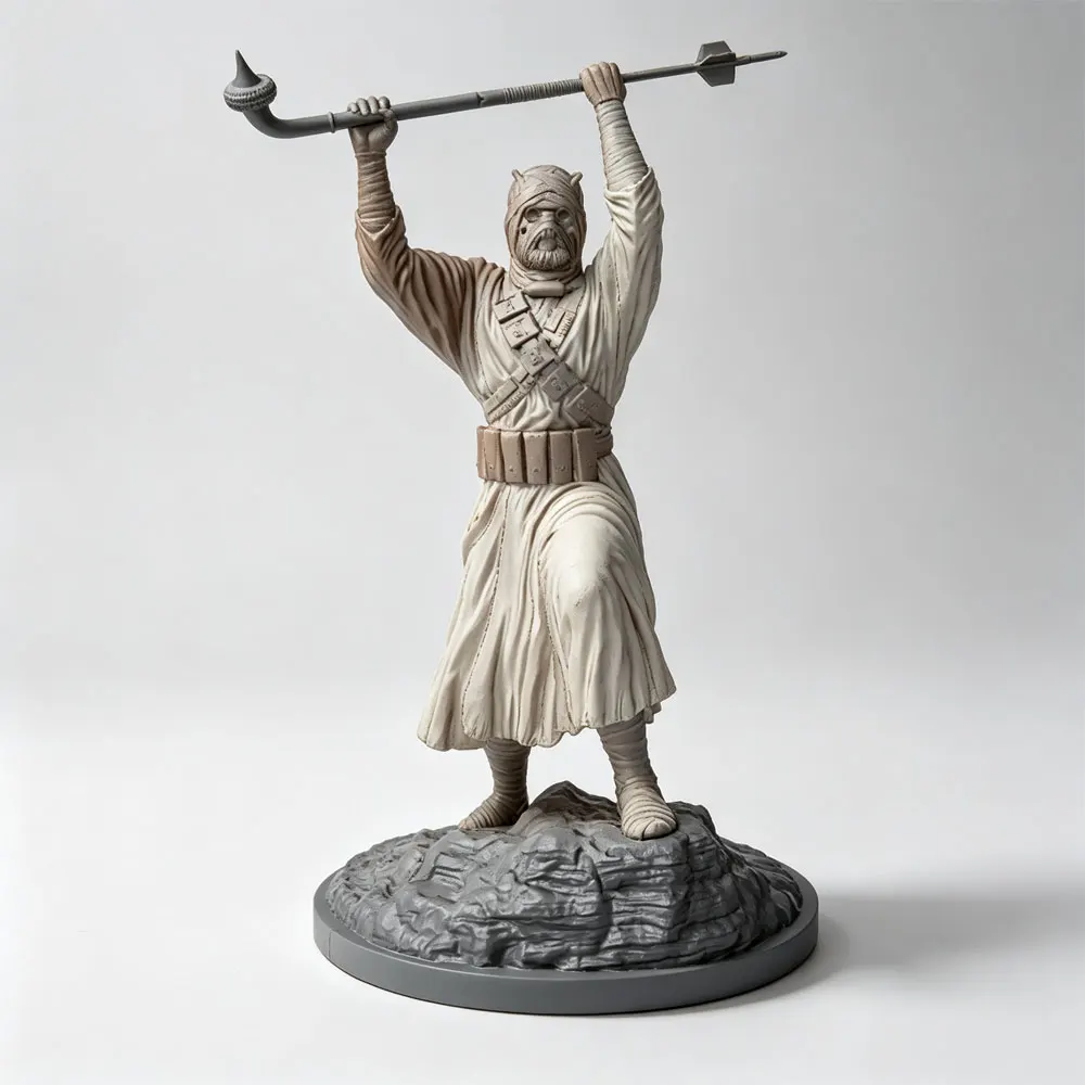 1/24 Desk ornament，Desert Nomad Warrior holding a spear, in a combat stance, 3D printed gray model statue, not colored