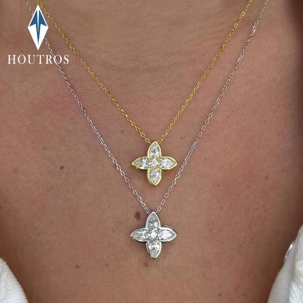 

Bezel Set Full Moissanite Flower Pendant Necklace for Women Sparkling Pear Cut Diamond Pendant S925 Silver Wedding Party Jewelry