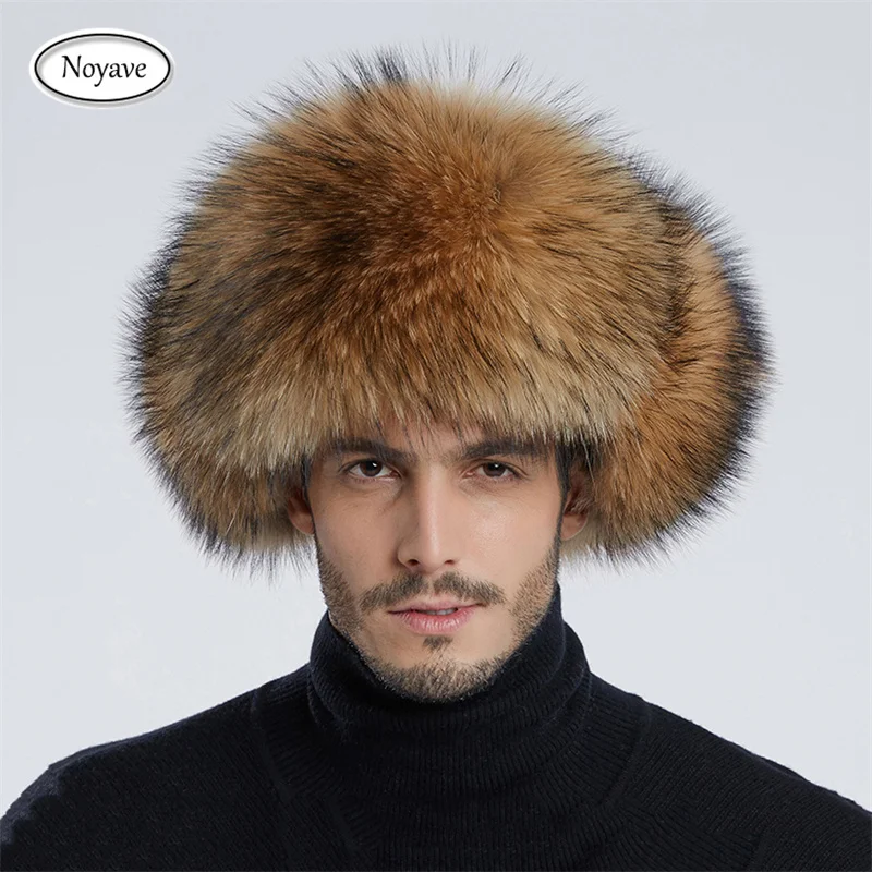 Men Hats Winter Natural Real Fox Fur Bombers Hats Outdoor Warm Soft Luxury Fashion Raccoon Fur Cap Real Sheepskin Leather Hat