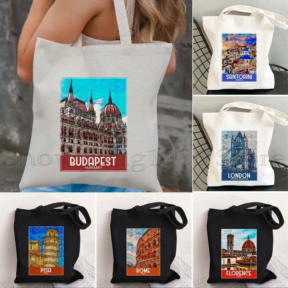 Watercolor London Louvre Pisa Kyiv Rome Santorini Amsterdam Athens Berlin Boston Dubai Dublin Florence Painting Tote Bag Hangbag