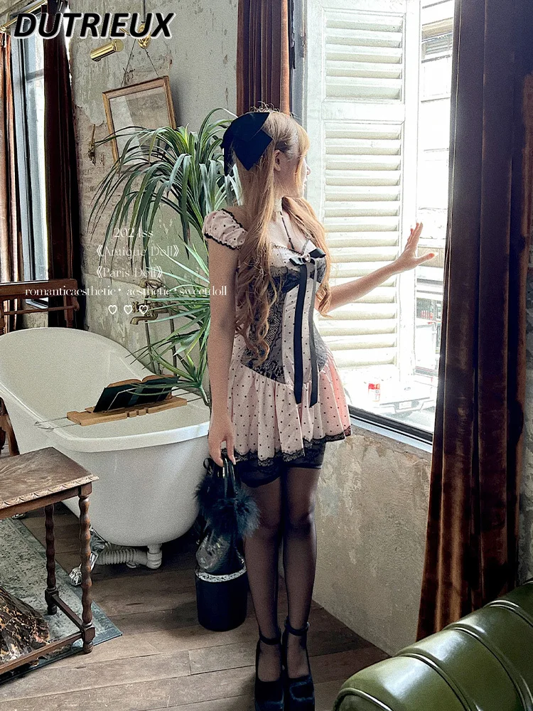 

Romance Retro Dots French Style Lace Short Sleeve Dress Female Bow Sweet Cute Elegant 2024 New V Neck Women's Dresses Summer